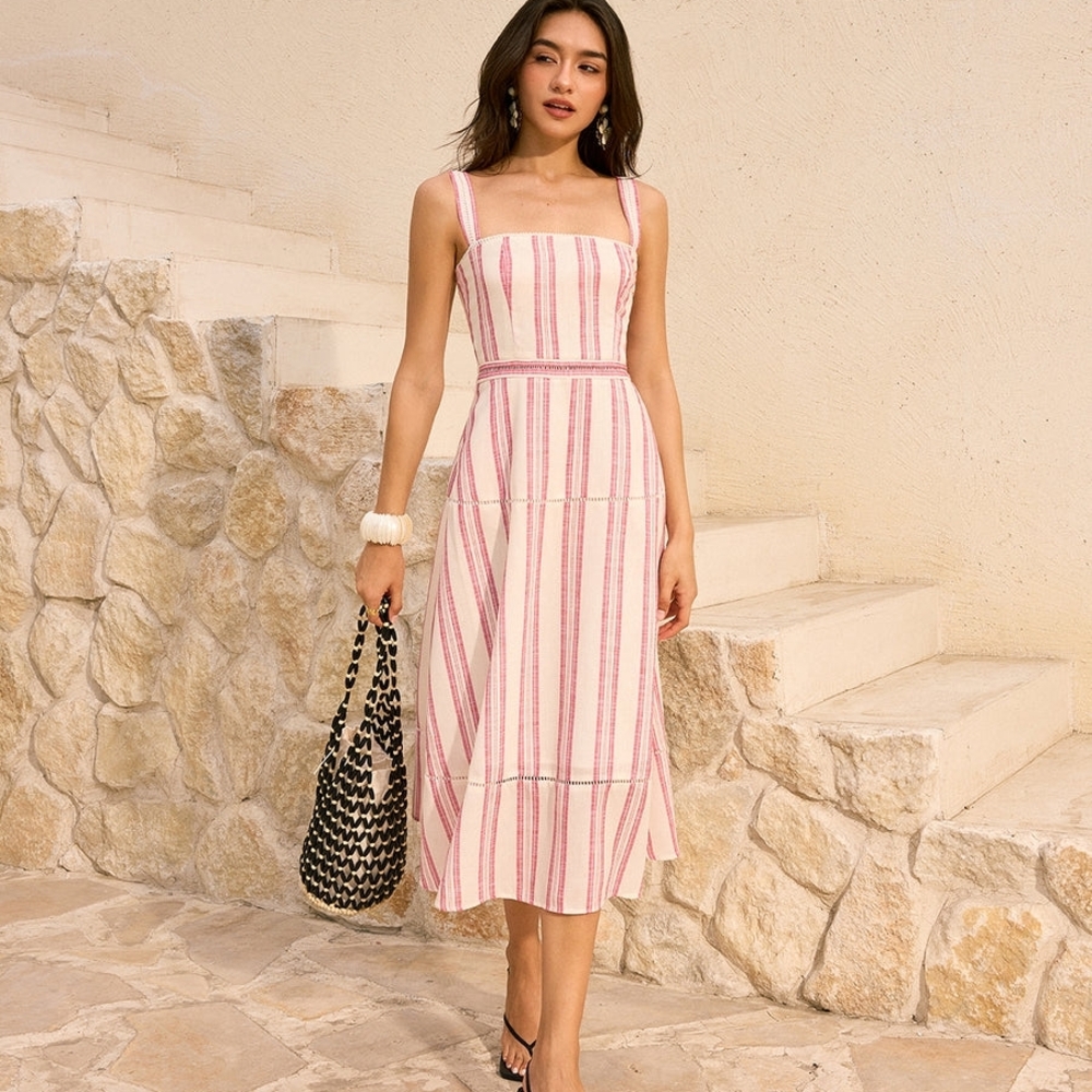 Commense Striped Linen & Cotton Tiered Midi Dress Large NWT